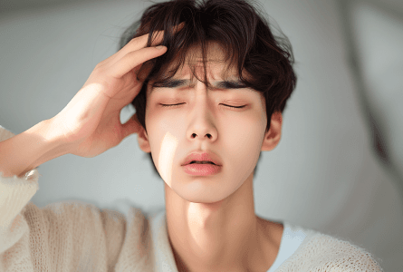 관자놀이를 짚고 있는 모습